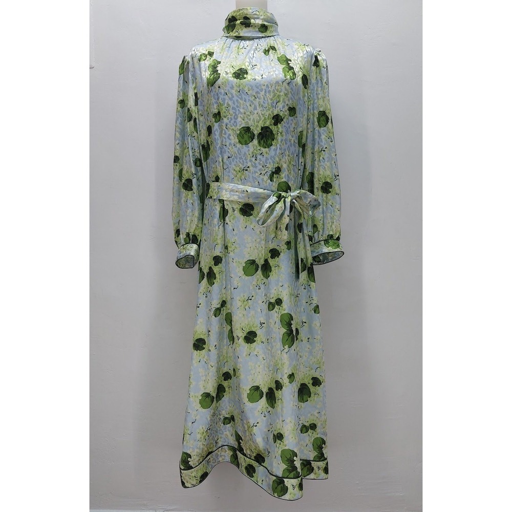 Tuckernuck Maxi Dress Women's XXL Blue Green Floral Leopard High Neck Belted Mod